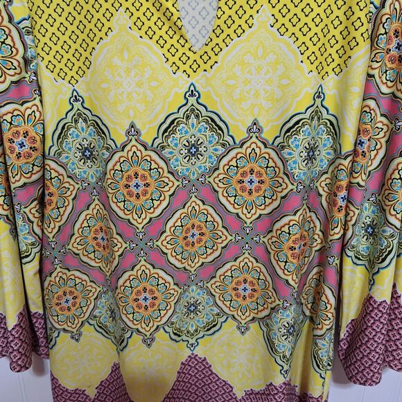 Sunny Leigh Womens Yellow  Printed Tunic Top Size M Stretch Morrocan 3/4 Slv Bar - Picture 4 of 7